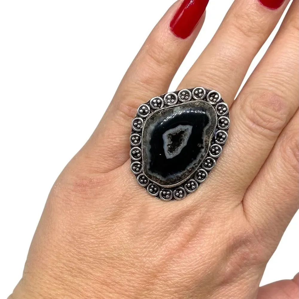 Black Druzy Botswana Agate Geode Ring 925 Sterling Silver Overlay Size 7.5
